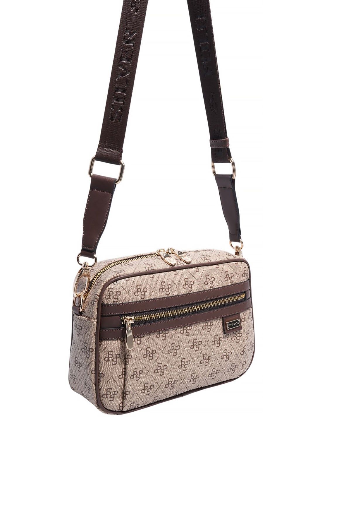 Silver Polo Koyu Bej - Kahve Monogram Kadın Çapraz Çanta SP1280