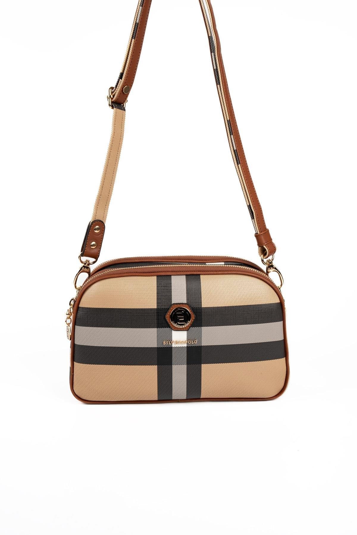 Silver Polo Bej - Taba Ekose Kadın Çapraz Çanta SP745