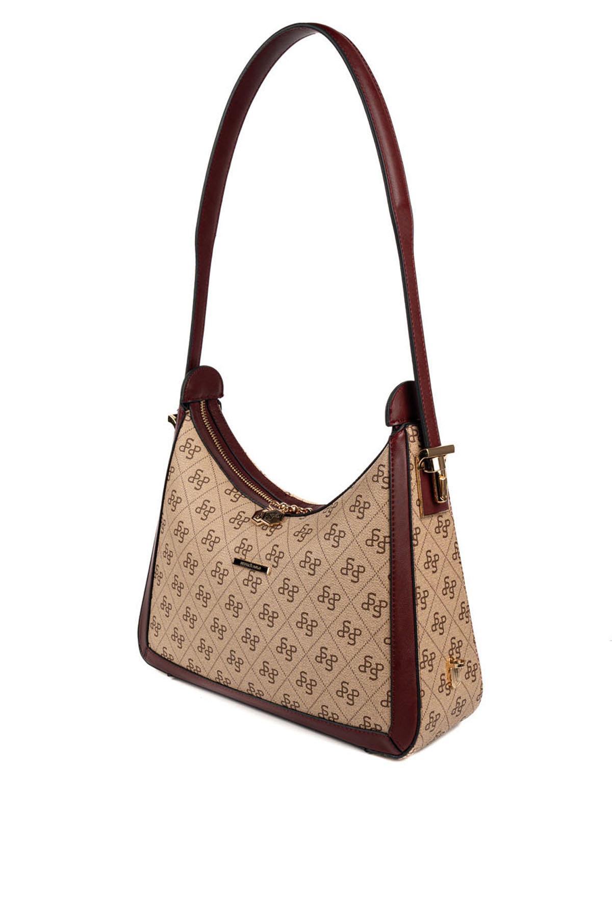 Silver Polo SP1187 Kadın Omuz Çantası Monogram Koyu Bej-Bordo