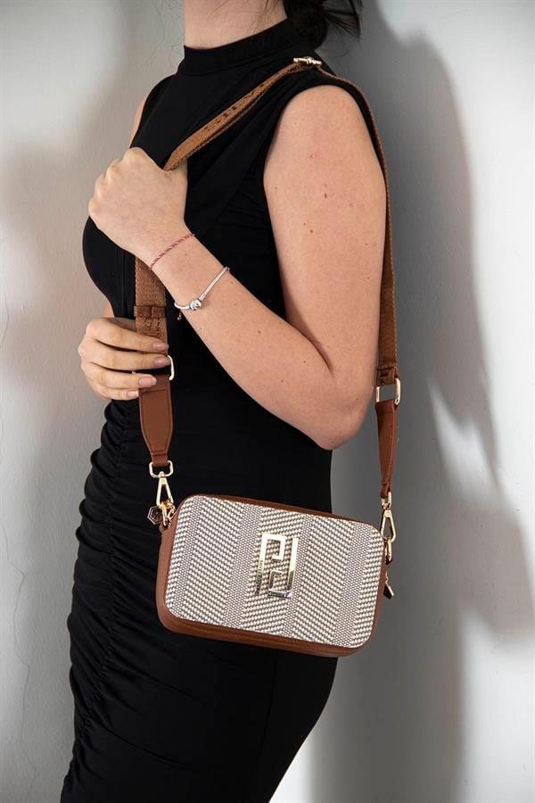 Silver & Polo SP1078 Kadın Çapraz Çanta Hasır Bej-Taba