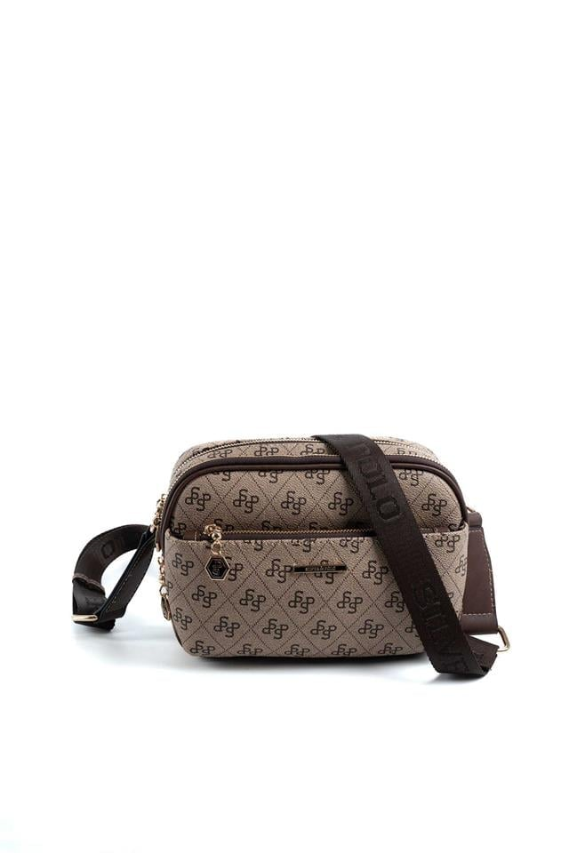 Silver Polo SP1162 Kadın Çapraz Çanta Monogram Koyubej-Kahve
