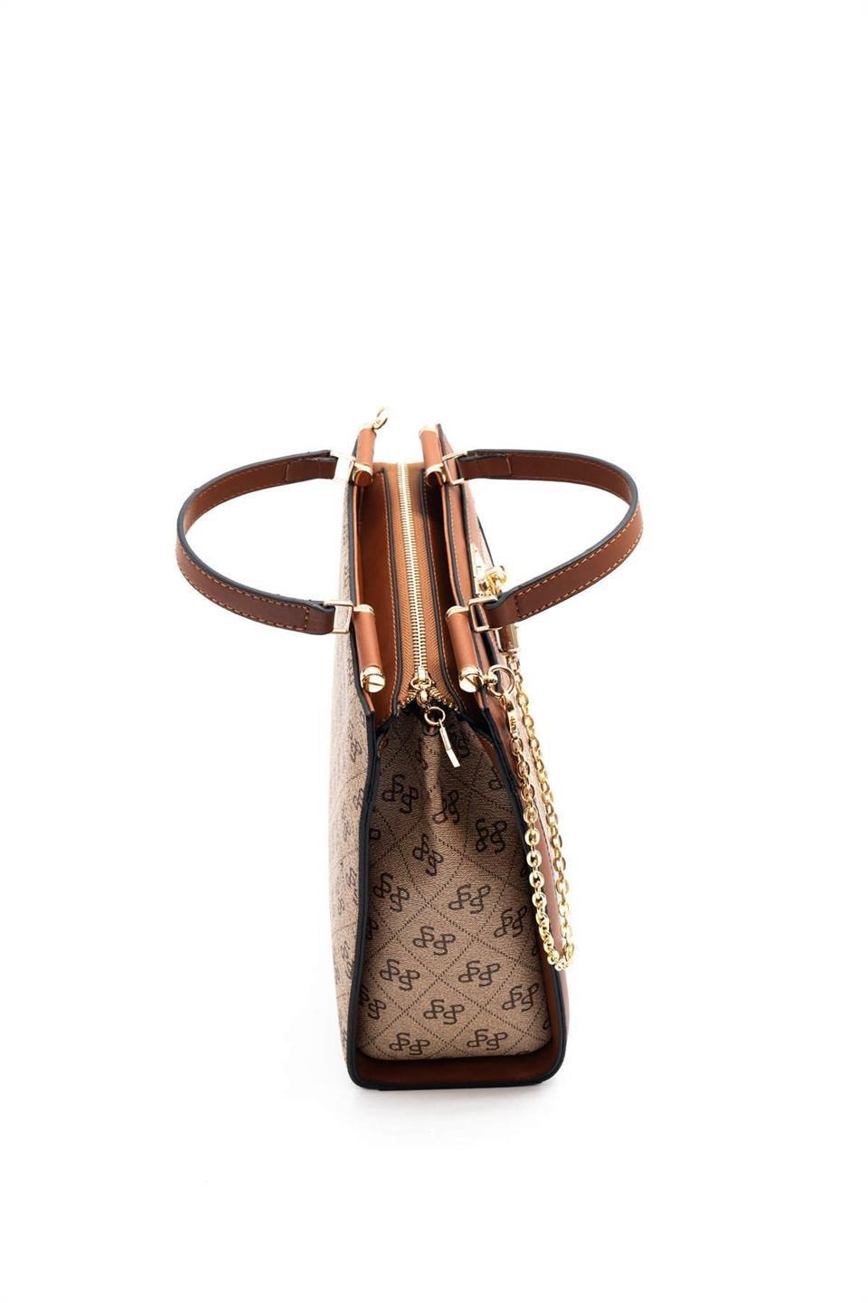 Silver & Polo SP1166 Kadın El Çantası Monogram Koyu Bej-Taba