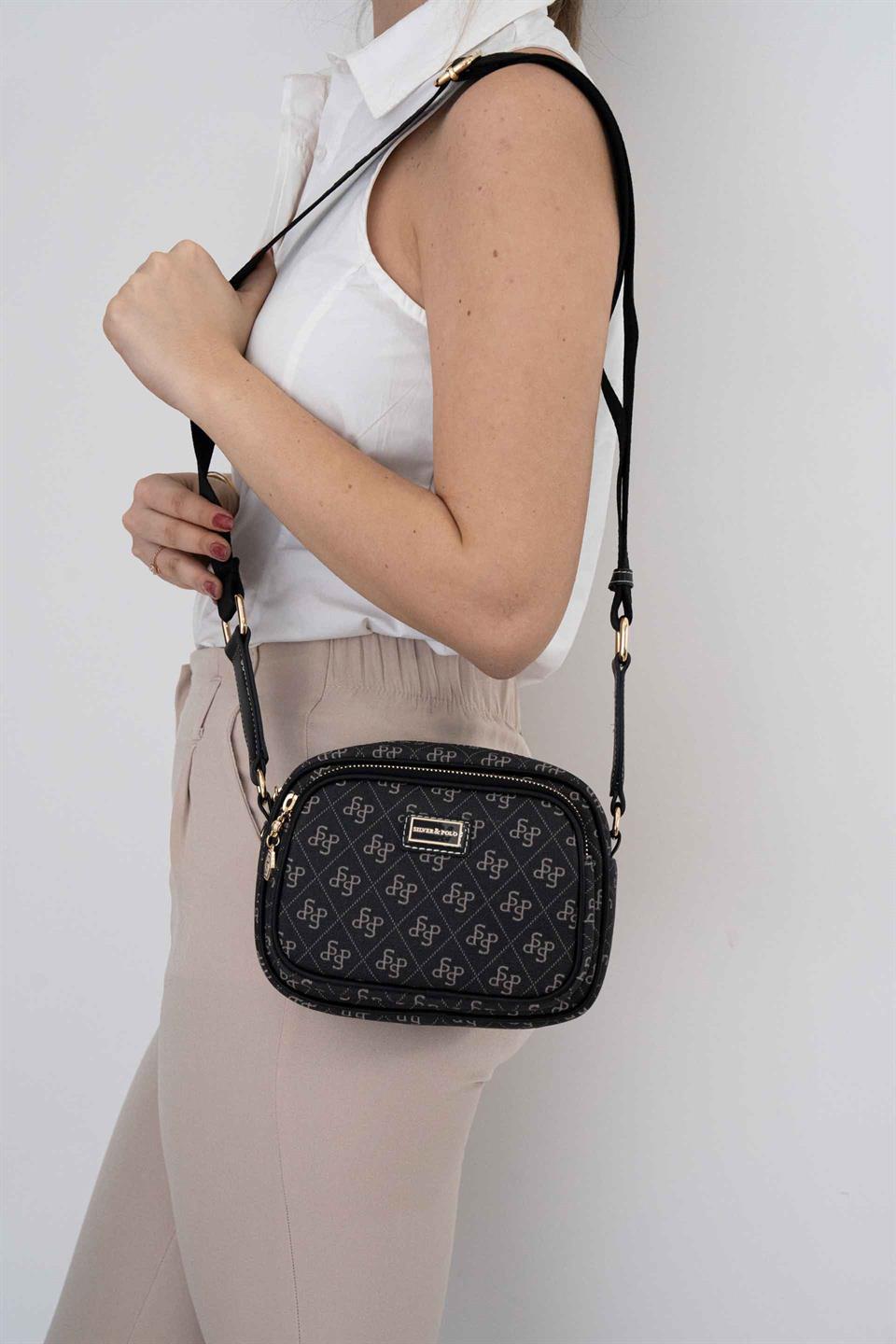 Silver & Polo SP1111 Kadın Çapraz Çanta Monogram Füme-Siyah
