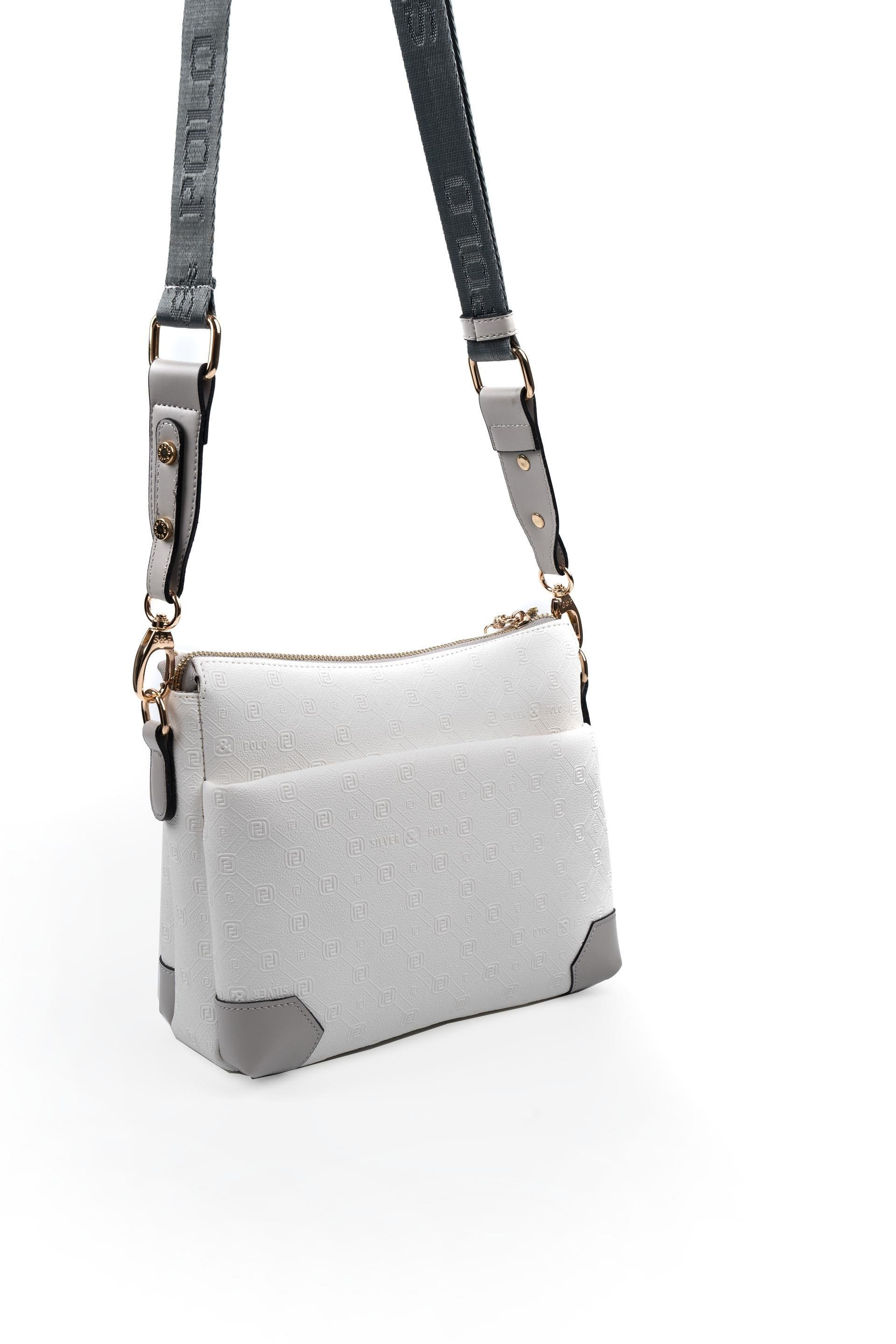 Silver & Polo SP1110 Kadın Çapraz Çanta Logolu Beyaz-A.Gri
