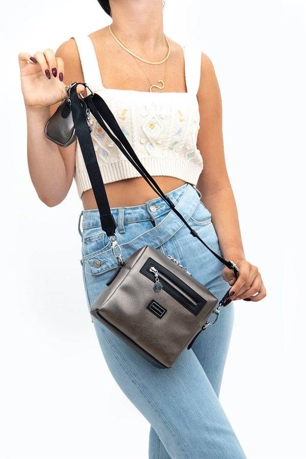 Silver & Polo SP1038 Kadın Çapraz Çanta Düz Platin-Siyah