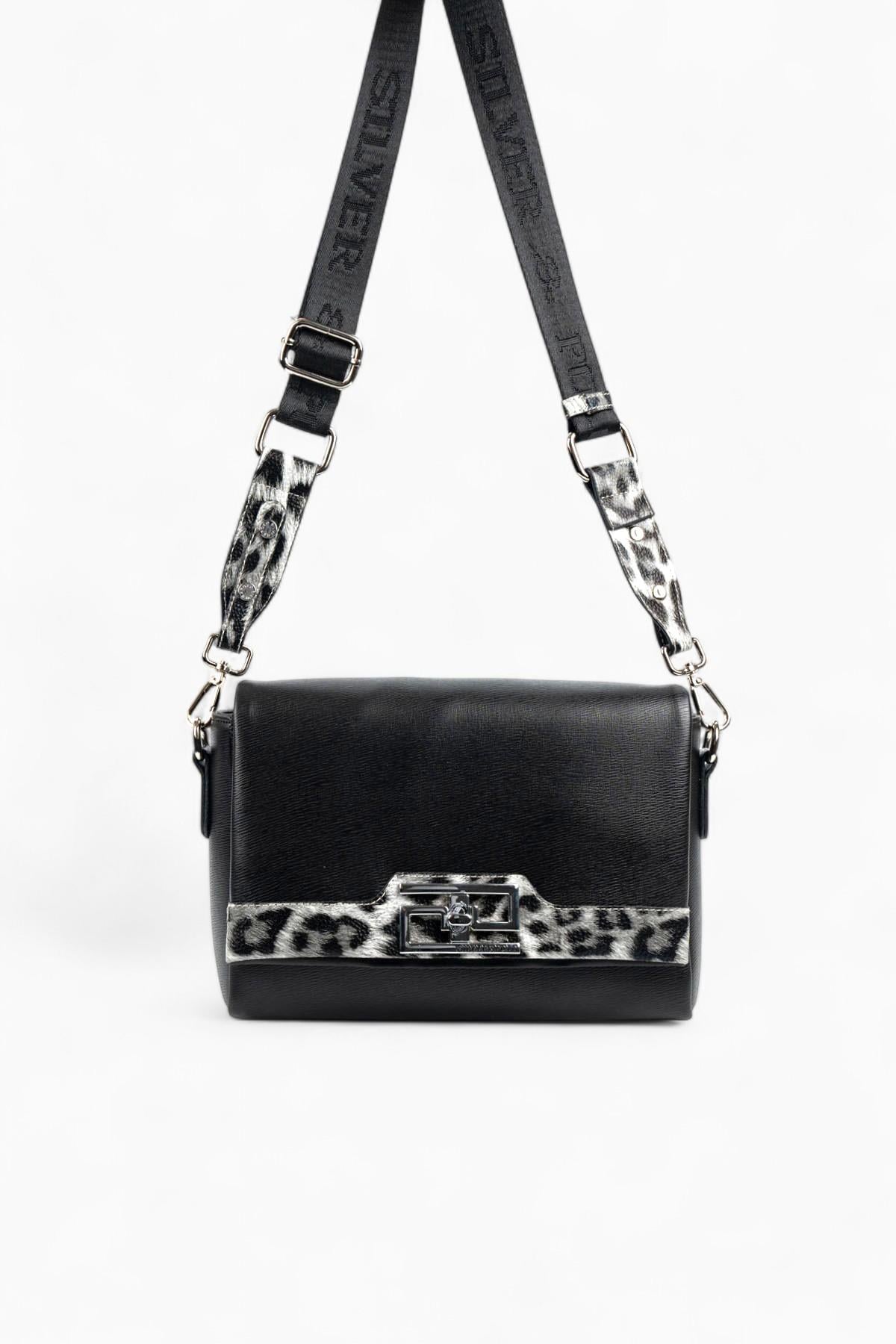 Silver & Polo SP1257 Kadın Çapraz Çanta Düz Siyah-Leopar Gri