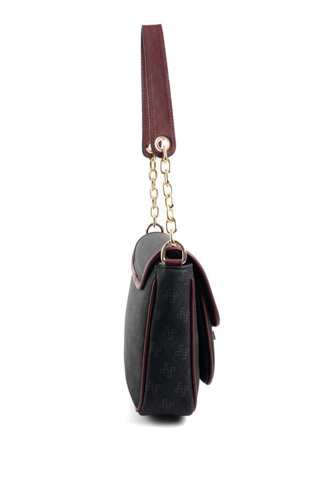 Silver Polo Siyah - Bordo Monogram Kadın Omuz Çantası SP1147