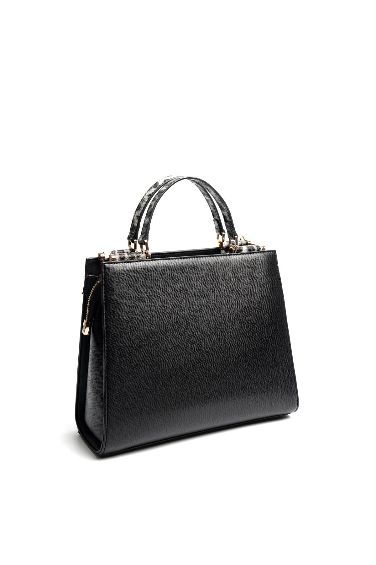 Silver Polo Siyah - Leopar Gri Düz Kadın El Çantası SP1166