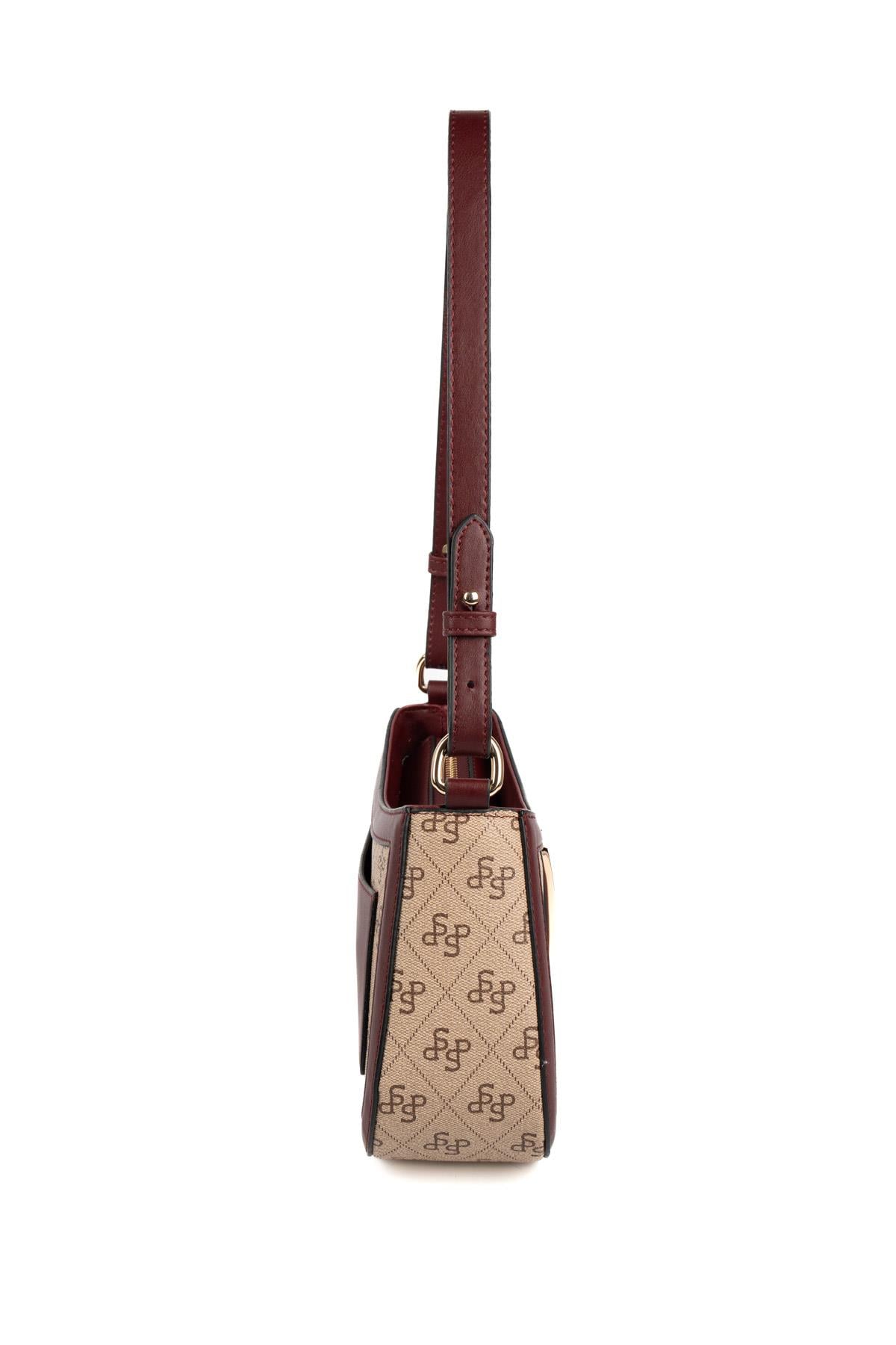 Silver Polo Koyu Bej - Bordo Monogram Kadın Çapraz Çanta SP1132