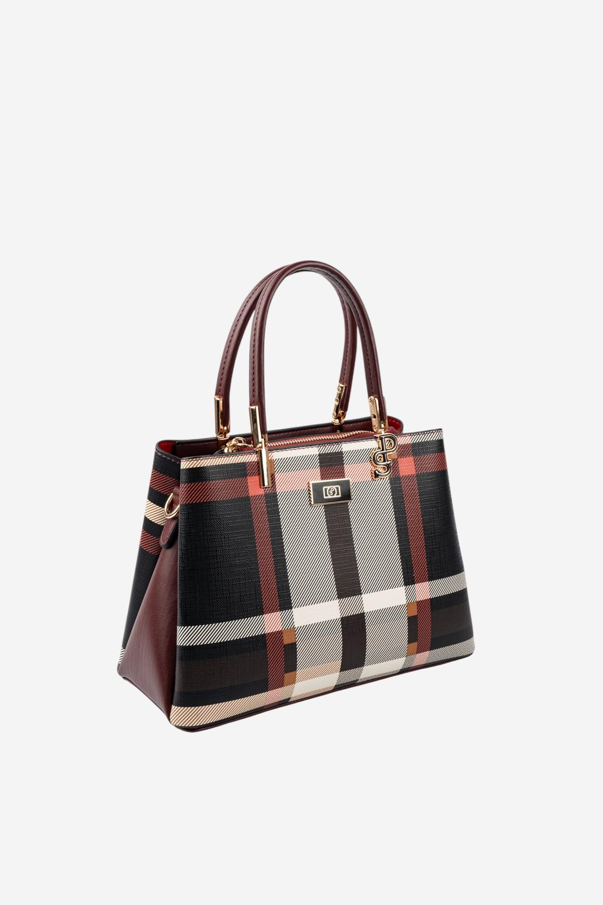 Silver Polo Siyah - Bordo Ekose Kadın El Çantası SP1098