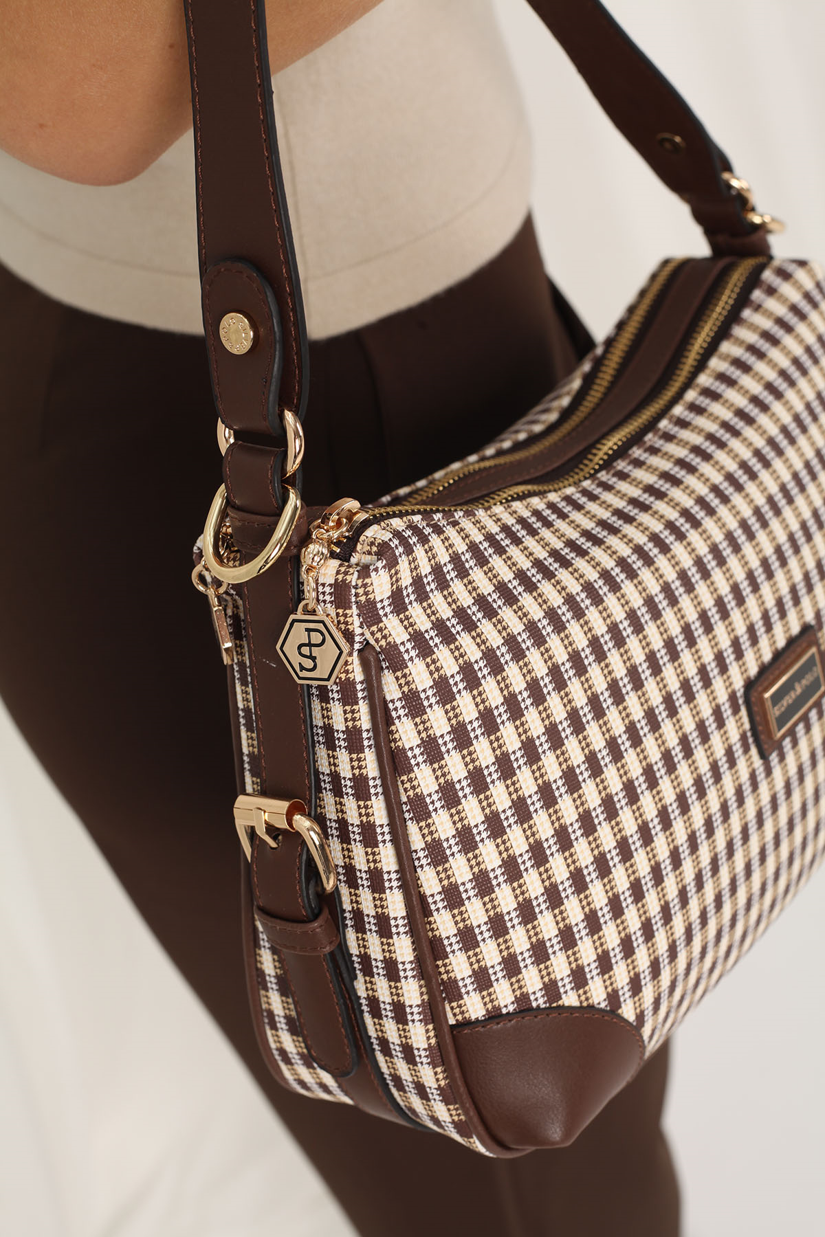 Silver Polo Kahve Sarı - Kahve Ekose Line Kare Kadın Omuz Çantası SP1269