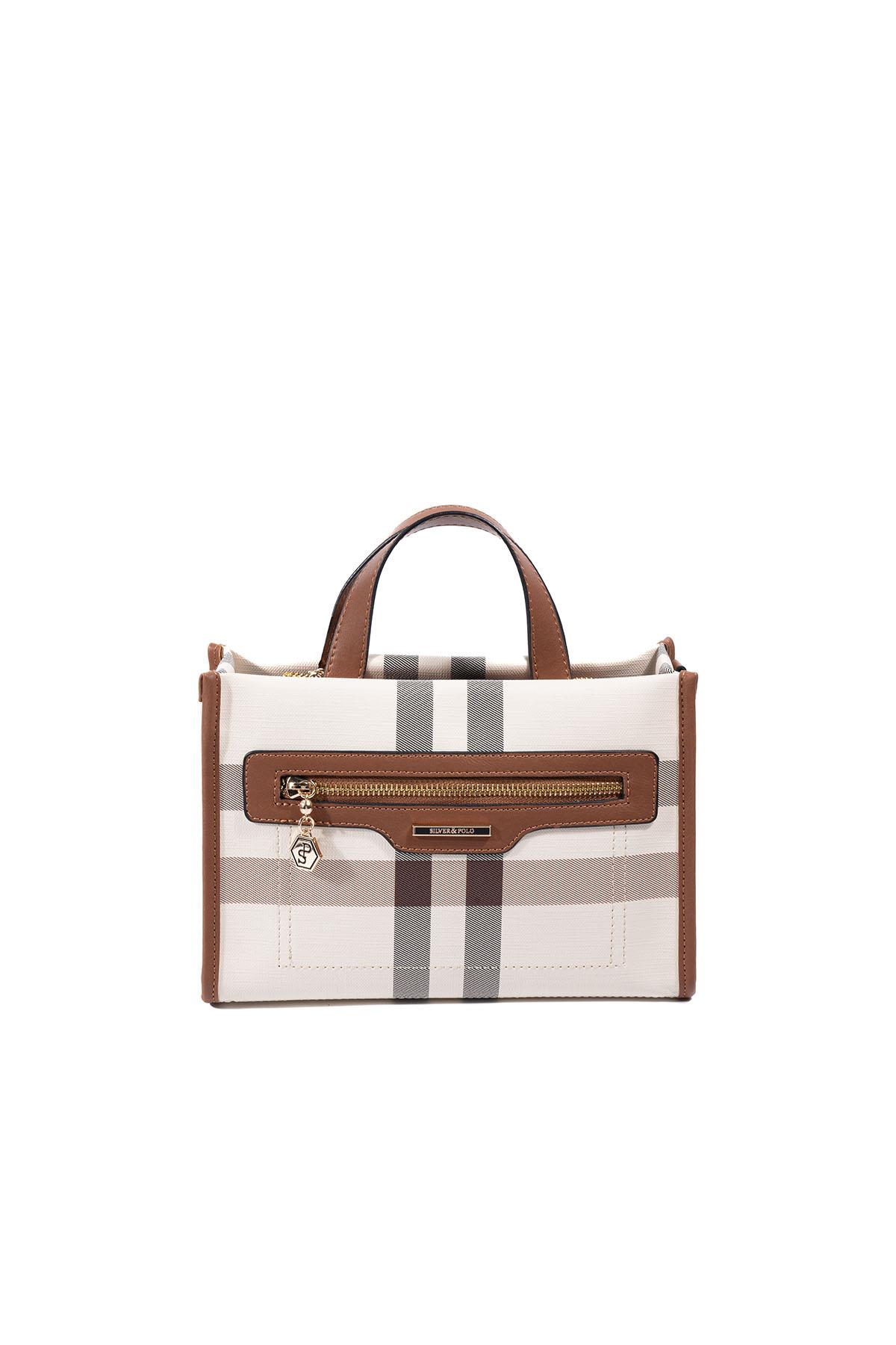 Silver & Polo SP1271 Kadın El Çantası Ekose Krem-Taba