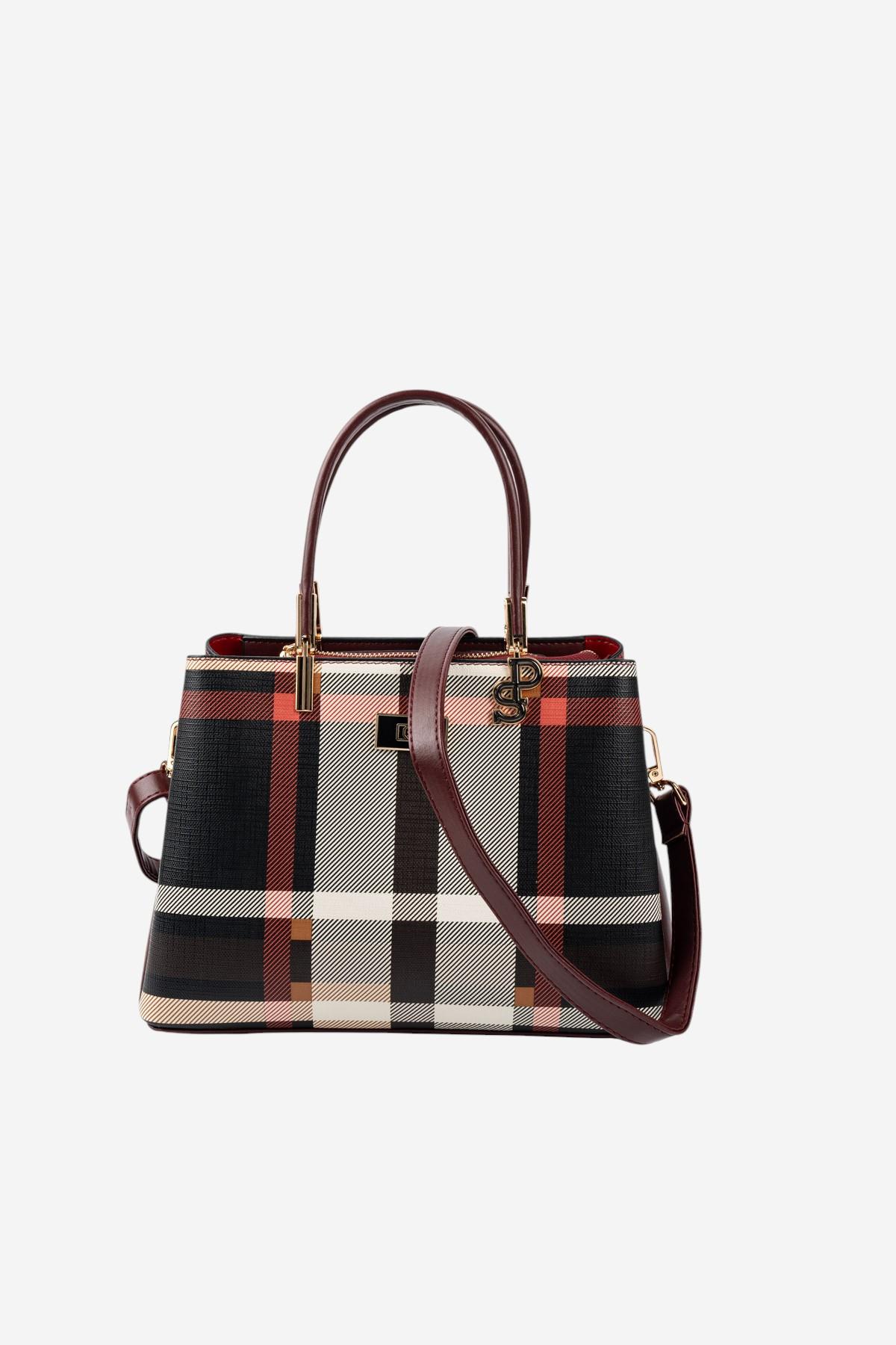Silver Polo Siyah - Bordo Ekose Kadın El Çantası SP1098