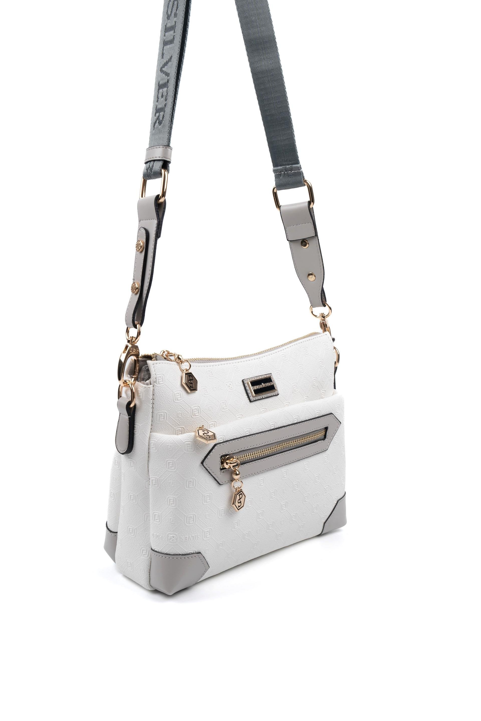 Silver & Polo SP1110 Kadın Çapraz Çanta Logolu Beyaz-A.Gri