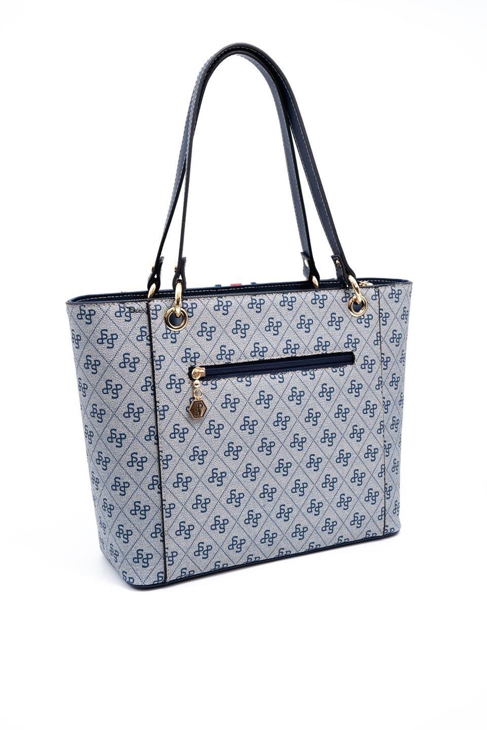 Silver & Polo SP1176 Kadın Omuz Çantası Şeritli Monogram Gri-Lacivert