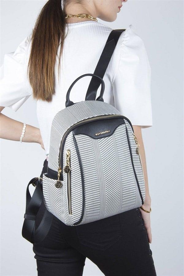 Silver & Polo SP906 Kadın Sırt Çantası Hasır Siyah Beyaz-Siyah