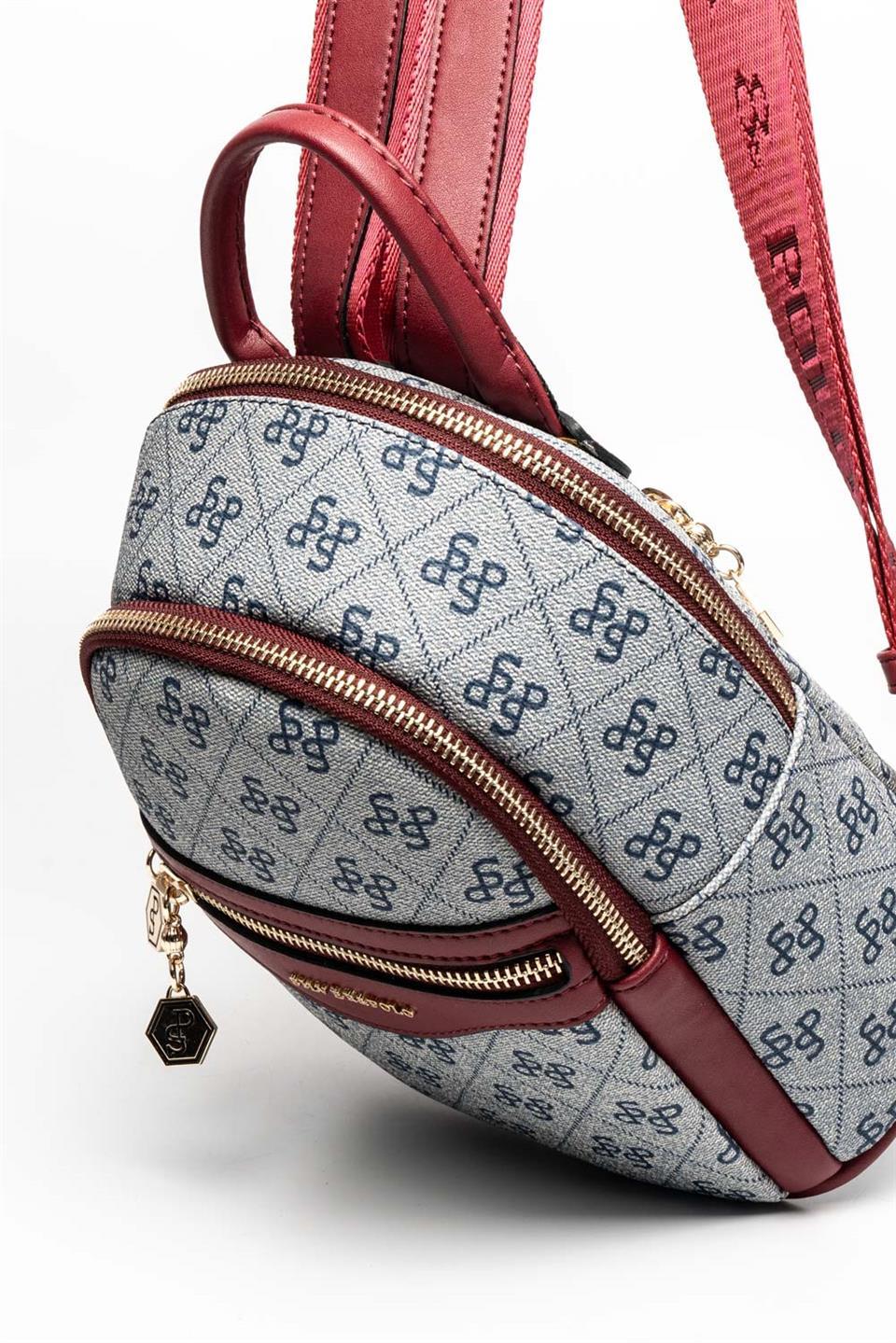 Silver Polo Gri - Bordo Monogram Kadın Sırt Çantası SP983