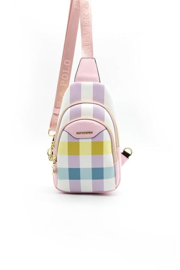 Silver & Polo SP959 Kadın Vücut Çantası Ekose Lila-Pembe
