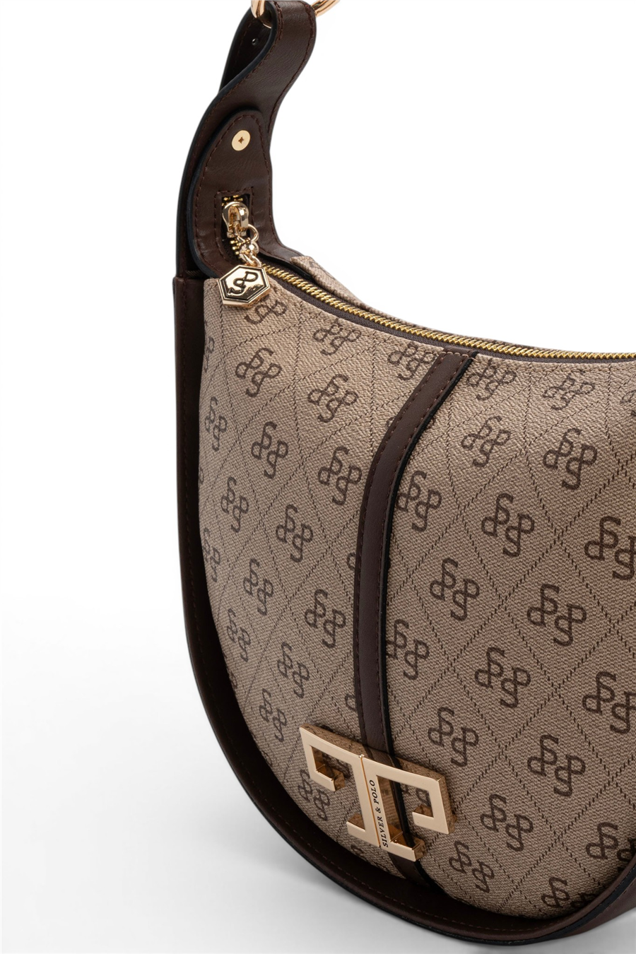 Silver & Polo SP1270 Kadın Omuz Çantası Monogram Koyu Bej-Kahve