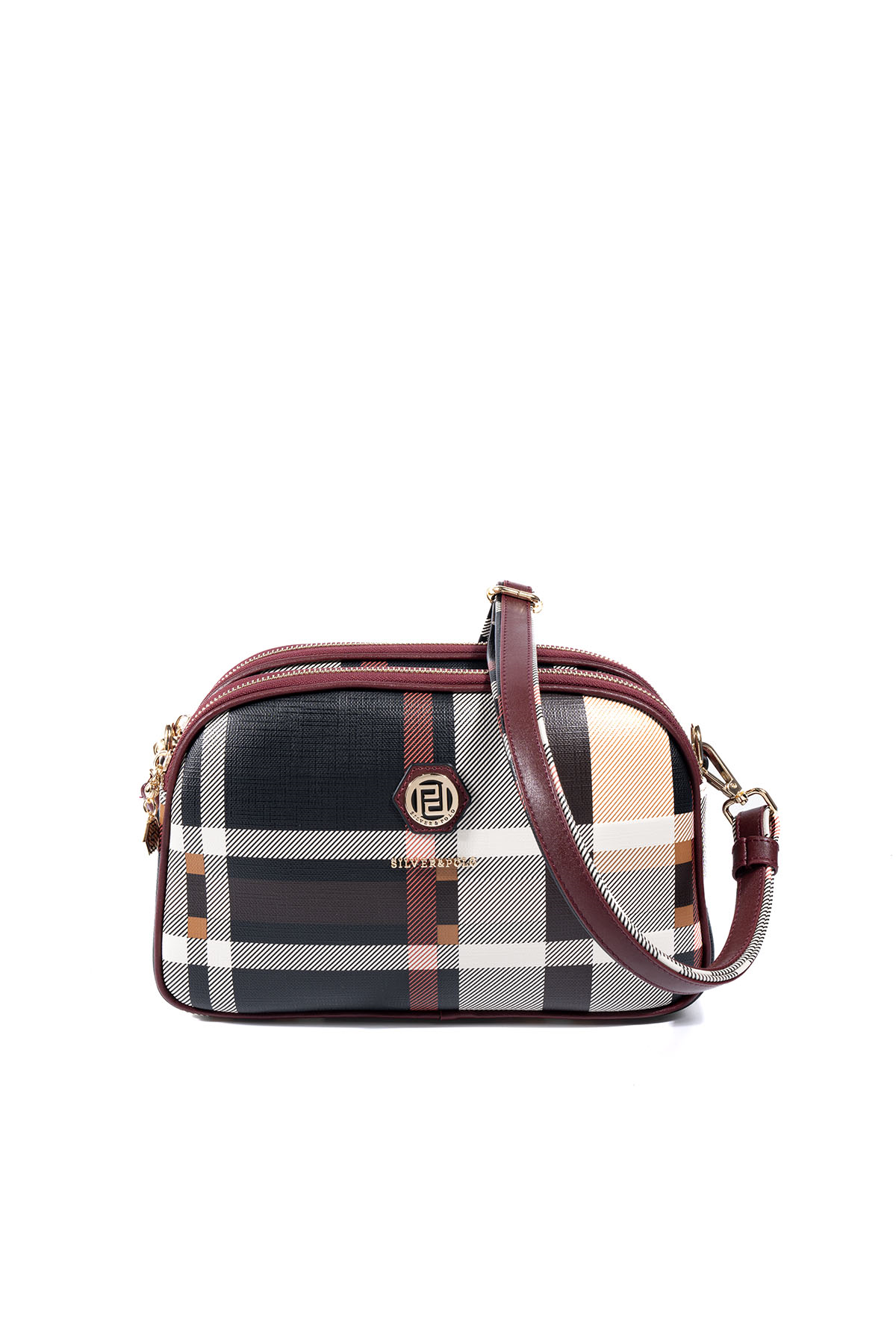 Silver & Polo SP745 Kadın Çapraz Çanta Ekose Siyah-Bordo