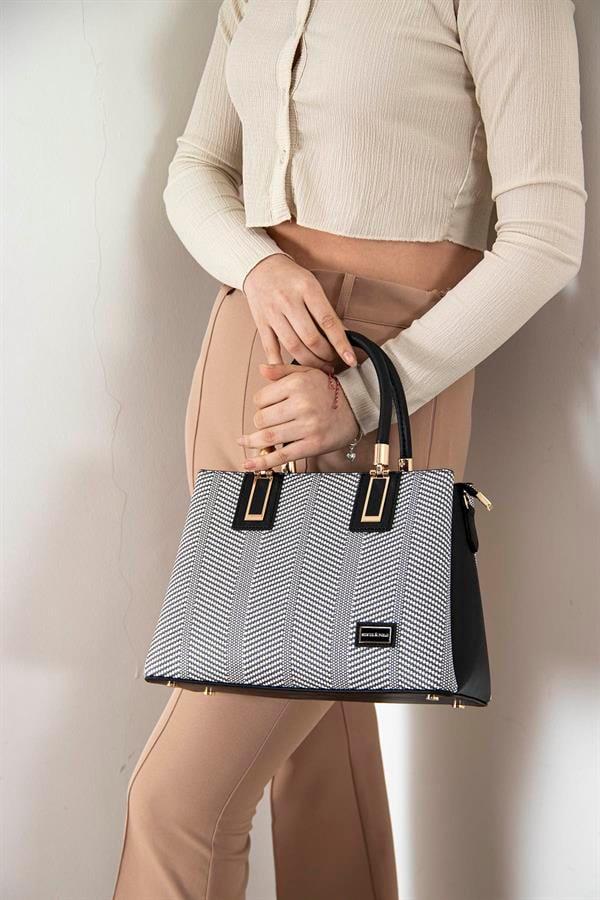 Silver & Polo SP1000 Kadın El Çantası Hasır Siyah Beyaz-Siyah