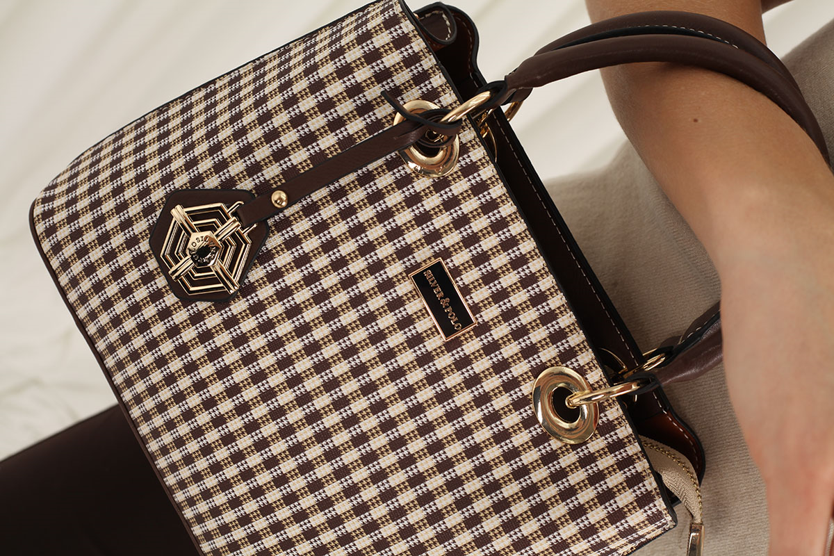 Silver & Polo SP1272 Kadın El Çantası Ekose Line Kare Kahve Sarı-Kahve