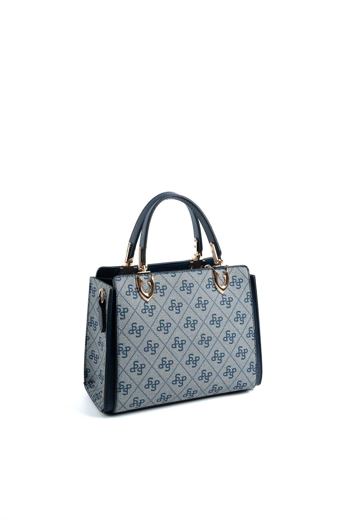 Silver & Polo SP1133 Kadın El Çantası Monogram Gri-Lacivert