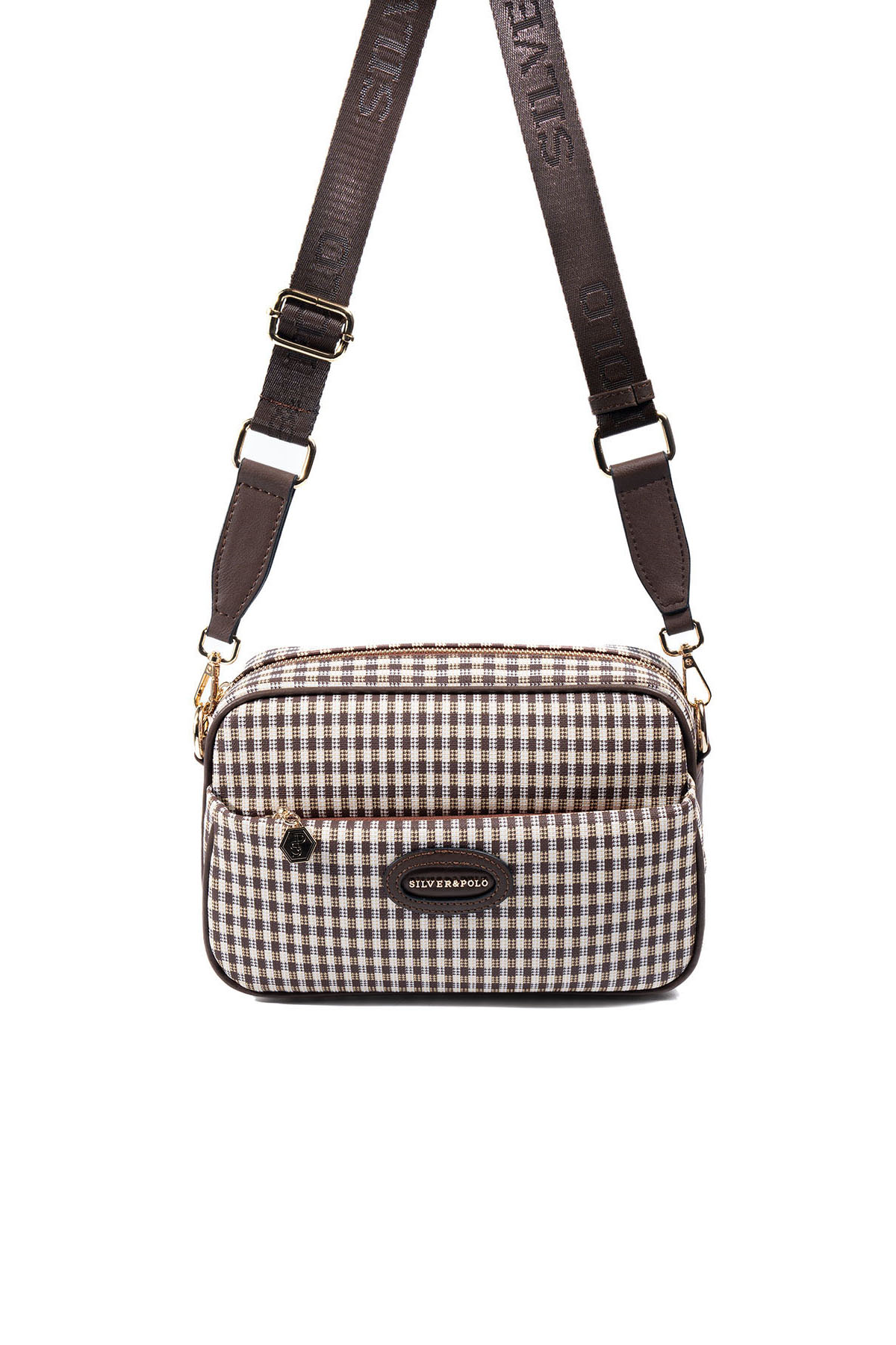 Silver Polo Kahve Sarı - Kahve Ekose Line Kare Kadın Çapraz Çanta SP1267