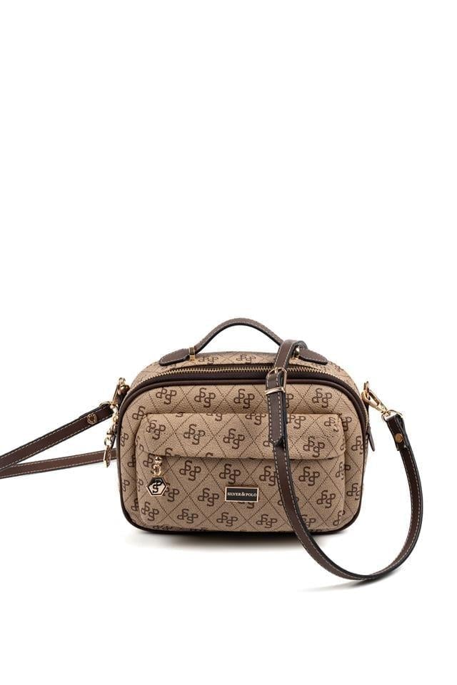 Silver & Polo SP1186 Kadın Çapraz Çanta Monogram Koyubej-Kahve