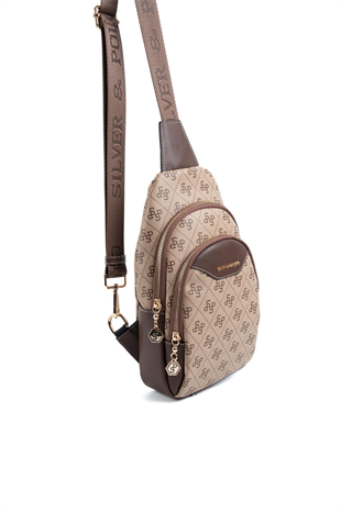 Silver & Polo SP959 Kadın Vücut Çantası Monogram Koyubej-Kahve