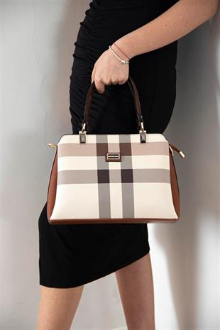 Silver & Polo SP972 Kadın El Çantası Ekose Krem-Taba