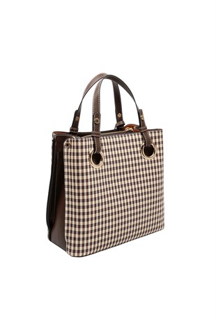 Silver & Polo SP975 Kadın El Çantası Ekose Line Kare Kahve Sarı-Kahve