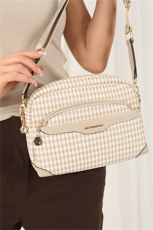 Silver & Polo SP1201 Kadın Çapraz Çanta Ekose Line Kare Kum Beji-Kum