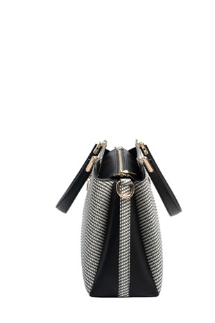 Silver & Polo SP9721 Kadın El Çantası Hasır Siyah Beyaz-Siyah