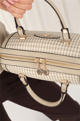 Silver & Polo SP1091 Kadın El Çantası Ekose Line Kare Kum Beji