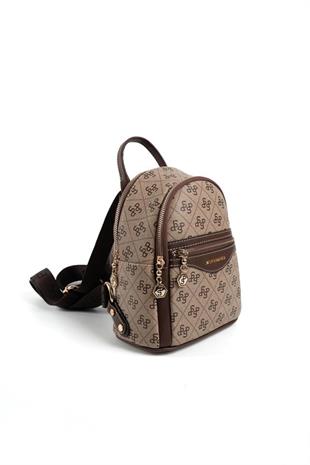 Silver & Polo SP983 Kadın Sırt Çantası Monogram Koyubej-Kahve