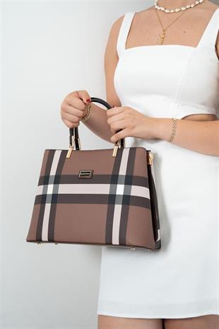 Silver Polo Koyu Kahve - Kahve Ekose Kadın El Çantası SP924