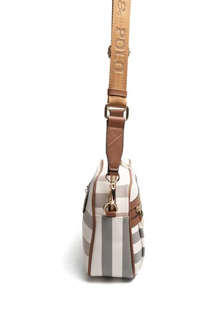 Silver Polo Krem - Taba Ekose Kadın Çapraz Çanta SP1280
