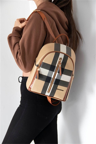 Silver & Polo SP901 Kadın Sırt Çantası Ekose Bej-Taba