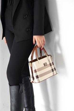 Silver & Polo SP987 Kadın El Çantası Ekose Krem-Taba