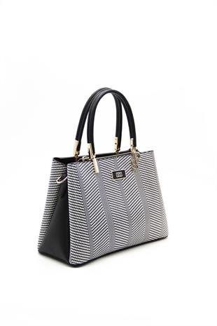 Silver & Polo SP1098 Kadın El Çantası Hasır Siyah Beyaz-Siyah