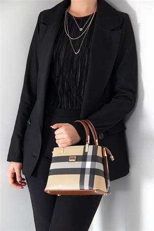 Silver & Polo SP987 Kadın El Çantası Ekose Bej-Taba