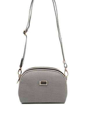 Silver & Polo SP765 Kadın Çapraz Çanta Kaz Ayağı Ekose Siyah-Kemik