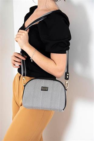 Silver & Polo SP765 Kadın Çapraz Çanta Hasır Siyah Beyaz-Siyah