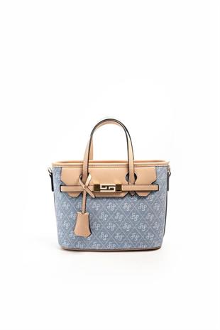 Silver & Polo SP1185 Kadın El Çantası Monogram Mavi-Ten