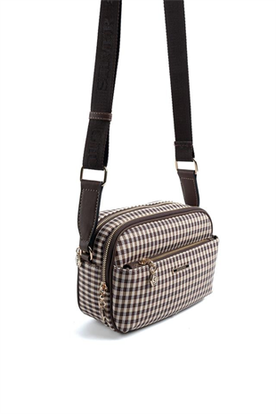 Silver & Polo SP1162 Kadın Çapraz Çanta Ekose Line Kare Kahve Sarı-Kahve