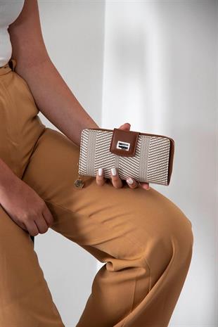 Silver Polo Bej - Taba Hasır Kadın Cüzdan ve Kartlık SP928