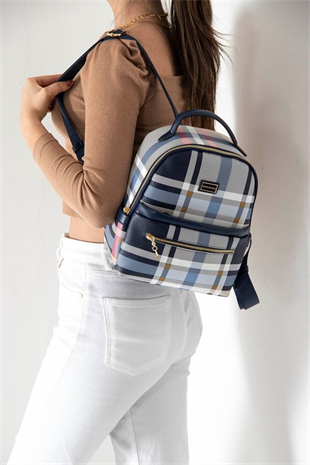 Silver & Polo SP1061 Kadın Sırt Çantası Ekose Lacivert