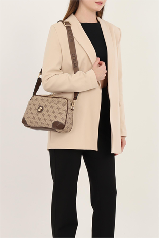 Silver & Polo SP1094 Kadın Çapraz Çanta Monogram Koyubej-Kahve