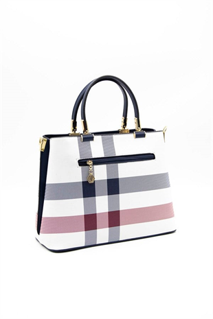 Silver & Polo SP924 Kadın El Çantası Ekose Beyaz-Lacivert